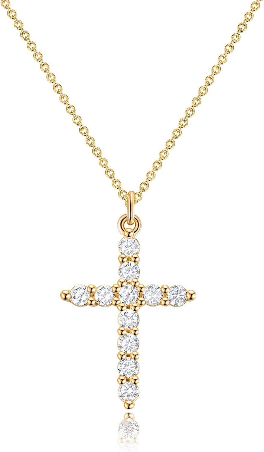 Robaice Cross Necklace for Women, 14K Gold Plated Crown Cross Pendant Necklace, Non-Tarnish Faith Jewelry for Women, Christian Religious Gifts