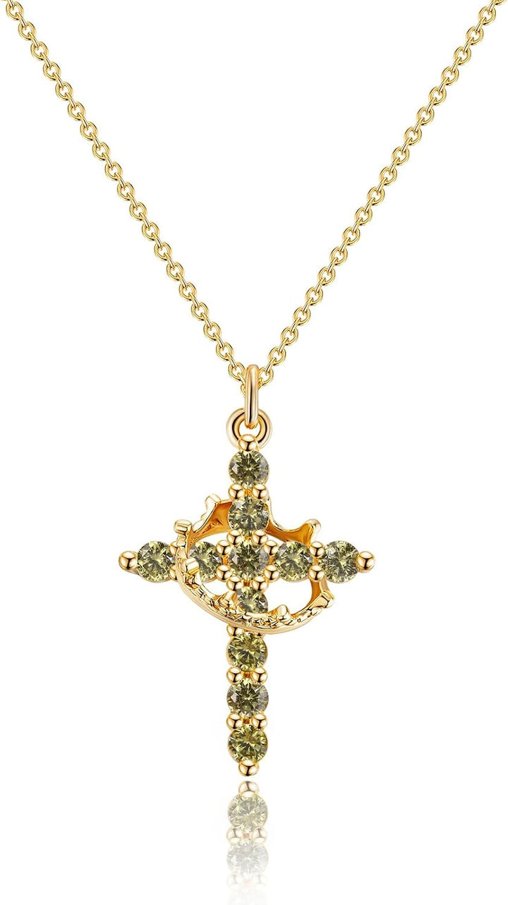 Robaice Cross Necklace for Women, 14K Gold Plated Crown Cross Pendant Necklace, Non-Tarnish Faith Jewelry for Women, Christian Religious Gifts