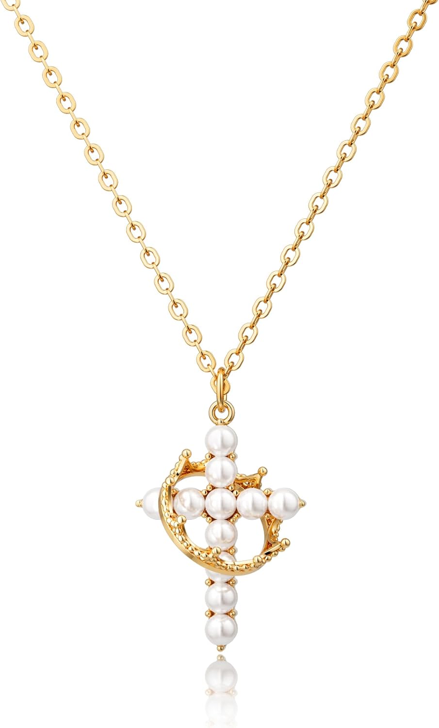 Robaice Cross Necklace for Women, 14K Gold Plated Crown Cross Pendant Necklace, Non-Tarnish Faith Jewelry for Women, Christian Religious Gifts