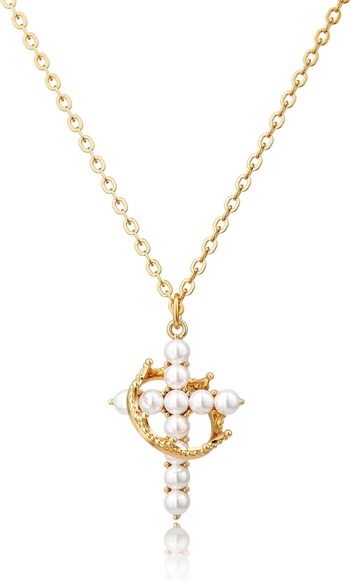 Robaice Cross Necklace for Women, 14K Gold Plated Crown Cross Pendant Necklace, Non-Tarnish Faith Jewelry for Women, Christian Religious Gifts