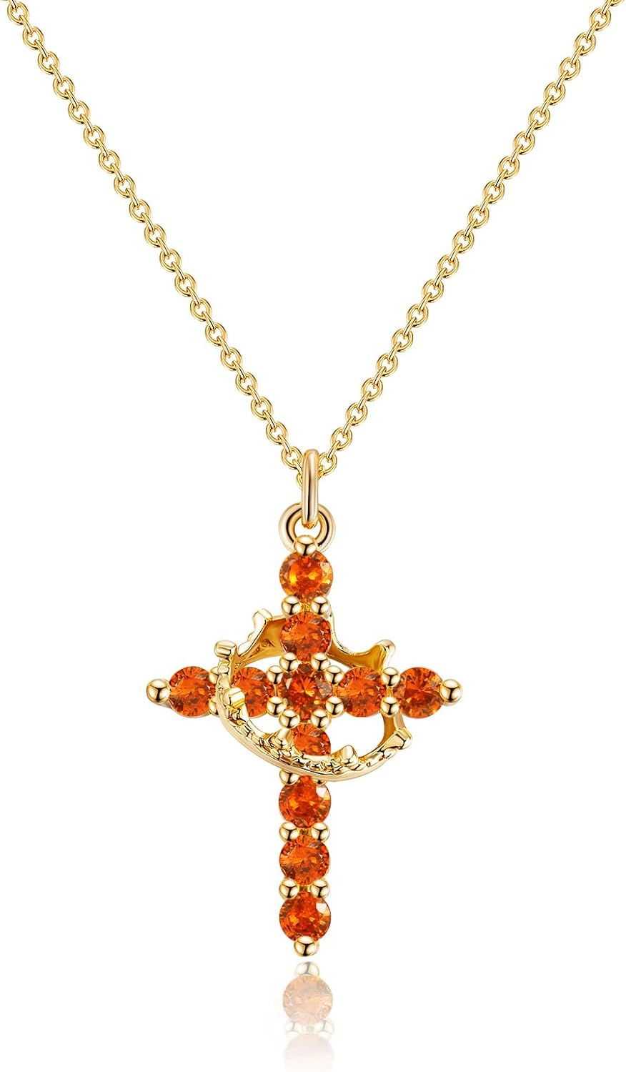 Robaice Cross Necklace for Women, 14K Gold Plated Crown Cross Pendant Necklace, Non-Tarnish Faith Jewelry for Women, Christian Religious Gifts