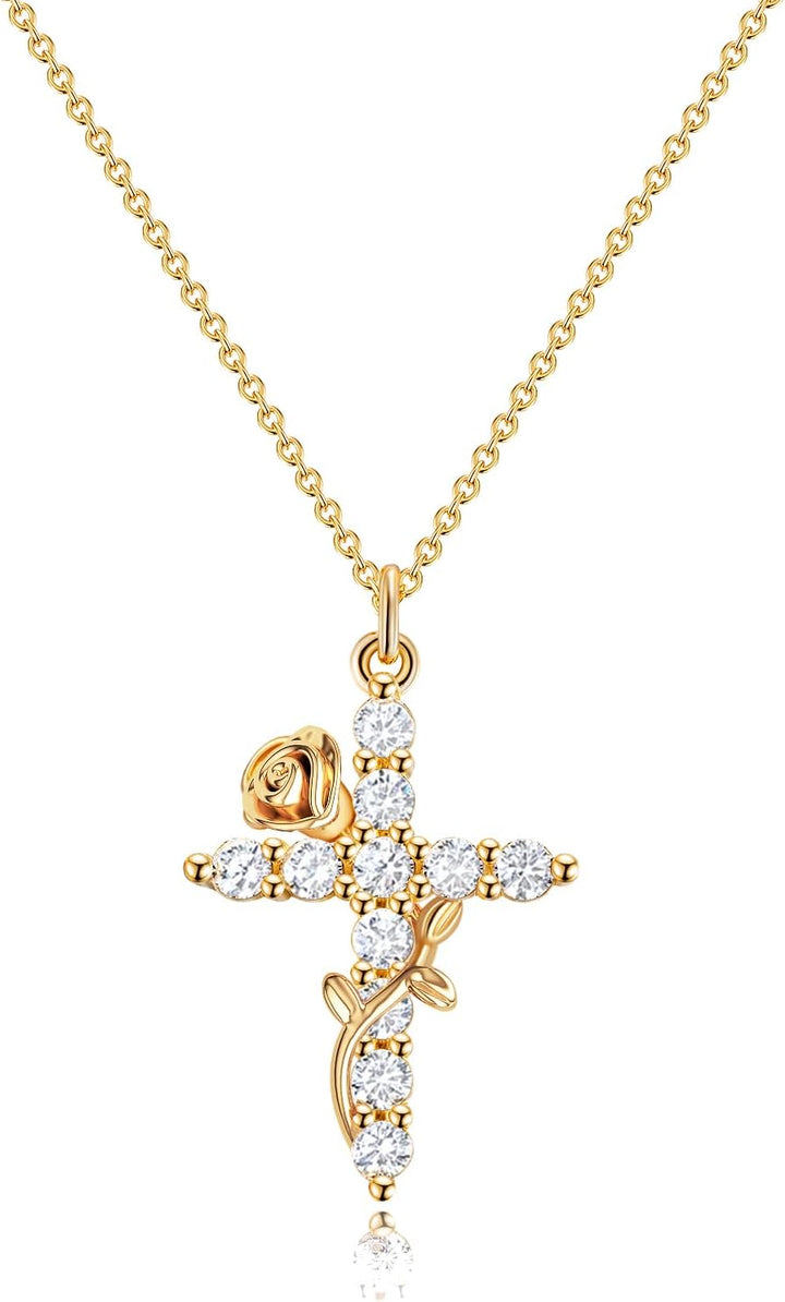 Robaice Cross Necklace for Women, 14K Gold Plated Crown Cross Pendant Necklace, Non-Tarnish Faith Jewelry for Women, Christian Religious Gifts