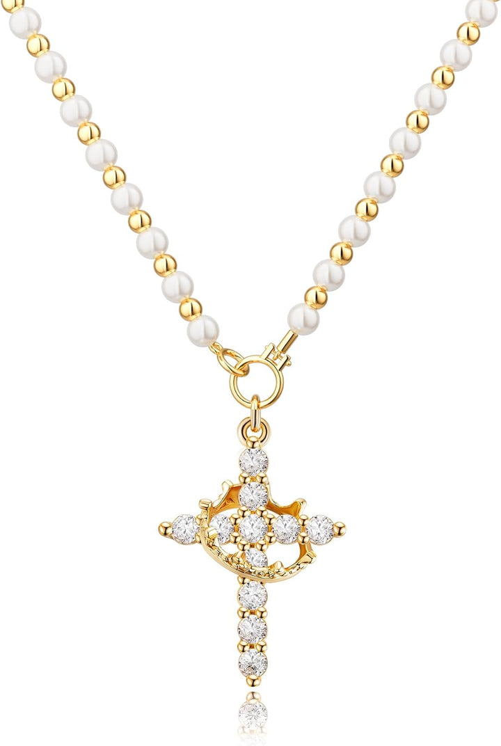 Robaice Cross Necklace for Women, 14K Gold Plated Crown Cross Pendant Necklace, Non-Tarnish Faith Jewelry for Women, Christian Religious Gifts
