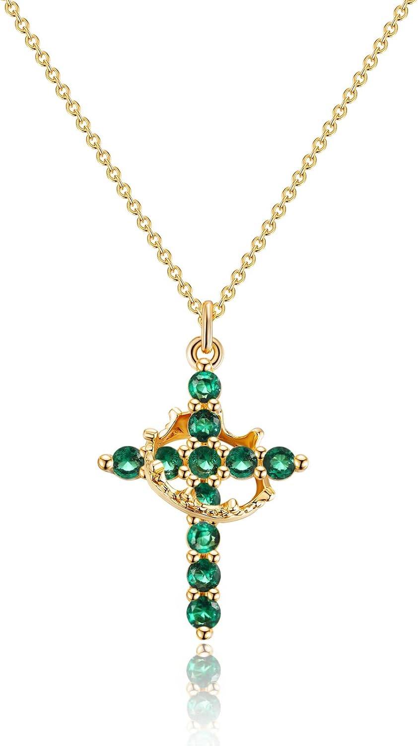 Robaice Cross Necklace for Women, 14K Gold Plated Crown Cross Pendant Necklace, Non-Tarnish Faith Jewelry for Women, Christian Religious Gifts