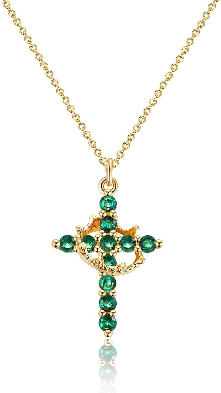 Robaice Cross Necklace for Women, 14K Gold Plated Crown Cross Pendant Necklace, Non-Tarnish Faith Jewelry for Women, Christian Religious Gifts