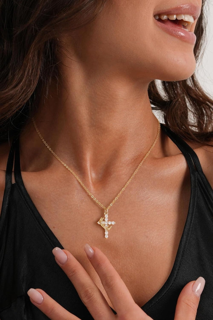 Robaice Cross Necklace for Women, 14K Gold Plated Crown Cross Pendant Necklace, Non-Tarnish Faith Jewelry for Women, Christian Religious Gifts