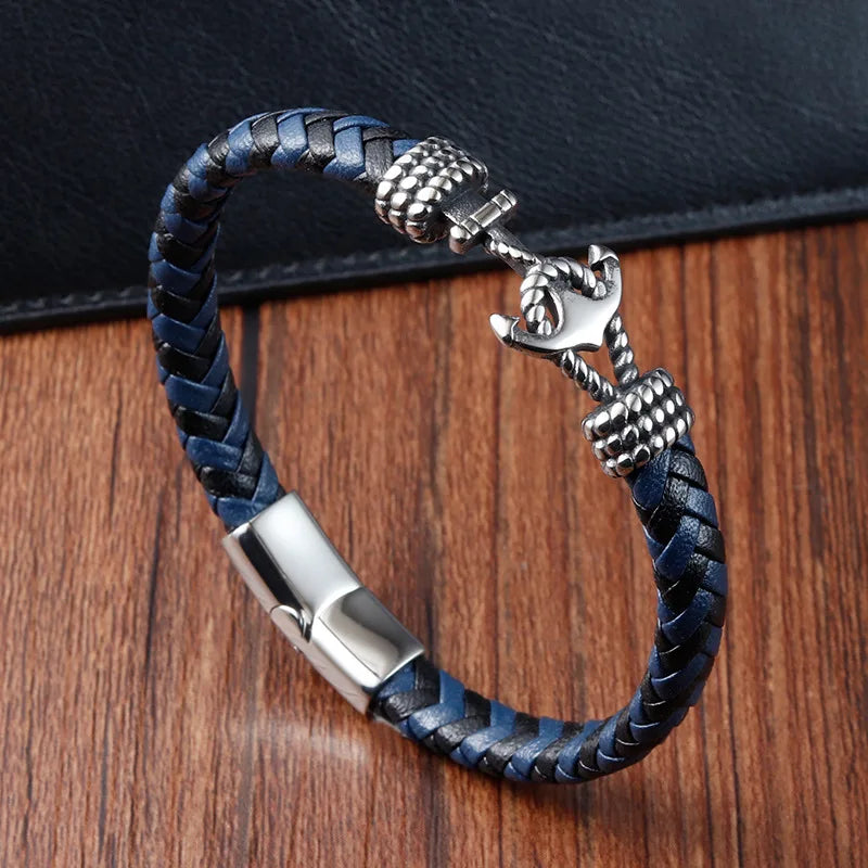 Herenarmband van roestvrij staal met anker, vintage geweven leer, paararmband L20235