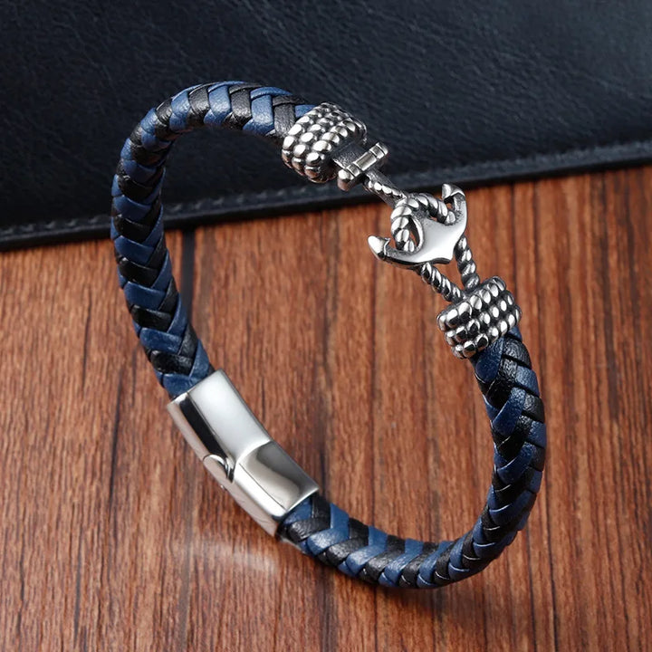 Herenarmband van roestvrij staal met anker, vintage geweven leer, paararmband L20235