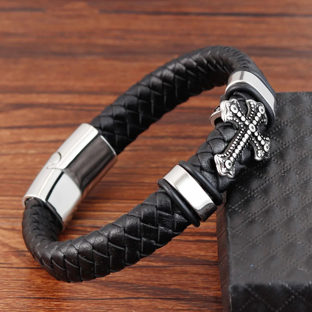 Leren handgeweven armband, echte herenarmband met kruis, vintage roestvrijstalen koord L19134