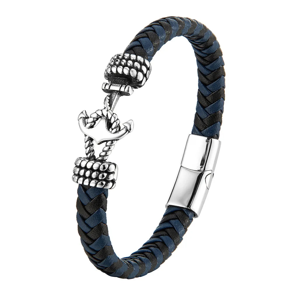 Herenarmband van roestvrij staal met anker, vintage geweven leer, paararmband L20235