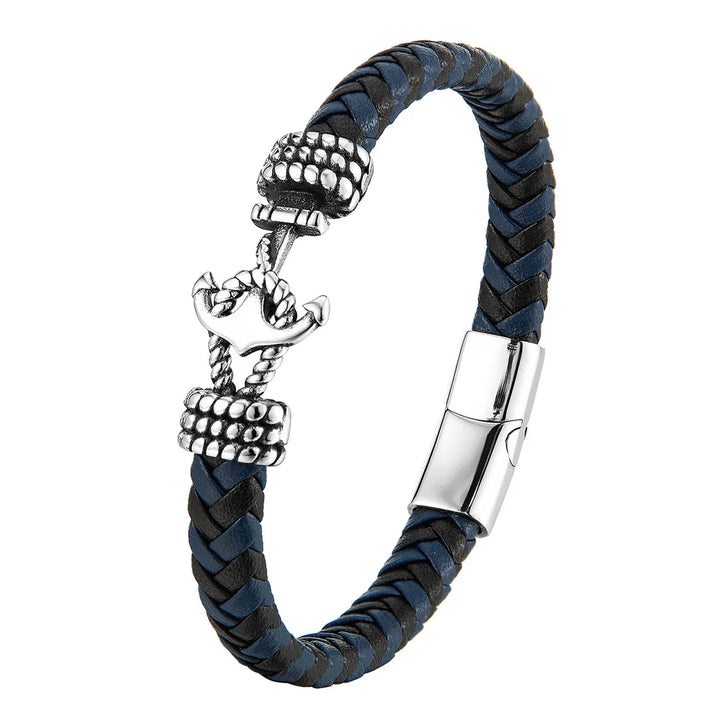 Herenarmband van roestvrij staal met anker, vintage geweven leer, paararmband L20235