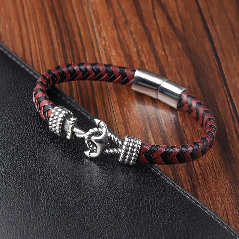 Herenarmband van roestvrij staal met anker, vintage geweven leer, paararmband L20235