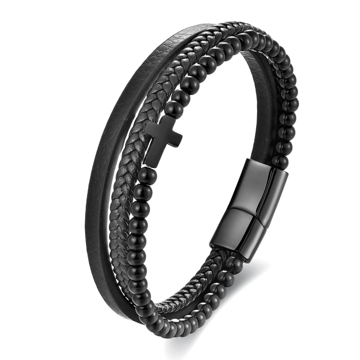 Zwart lederen koord, heren armband met dubbele laag van roestvrij staal en echt gevlochten leer, handgemaakte meerlaagse kruisarmband.