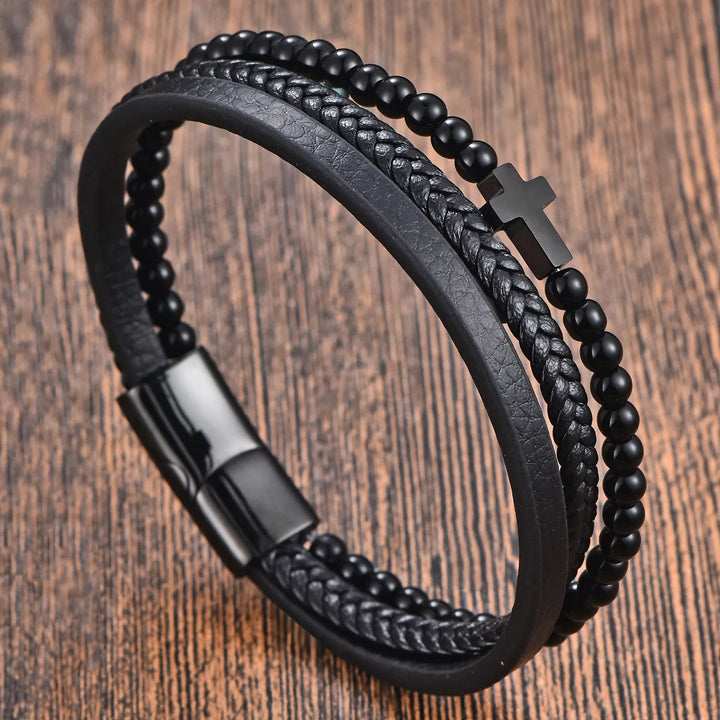 Zwart lederen koord, heren armband met dubbele laag van roestvrij staal en echt gevlochten leer, handgemaakte meerlaagse kruisarmband.