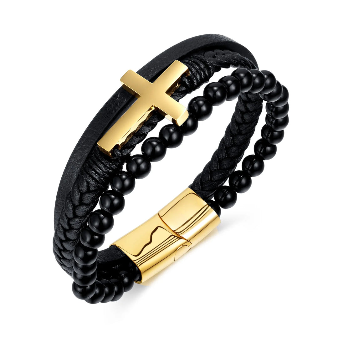 Zwart lederen touw koeienhuid heren armband van natuursteen en roestvrij staal, echt leer, gevlochten, kruis, meerlaags lederen armband
