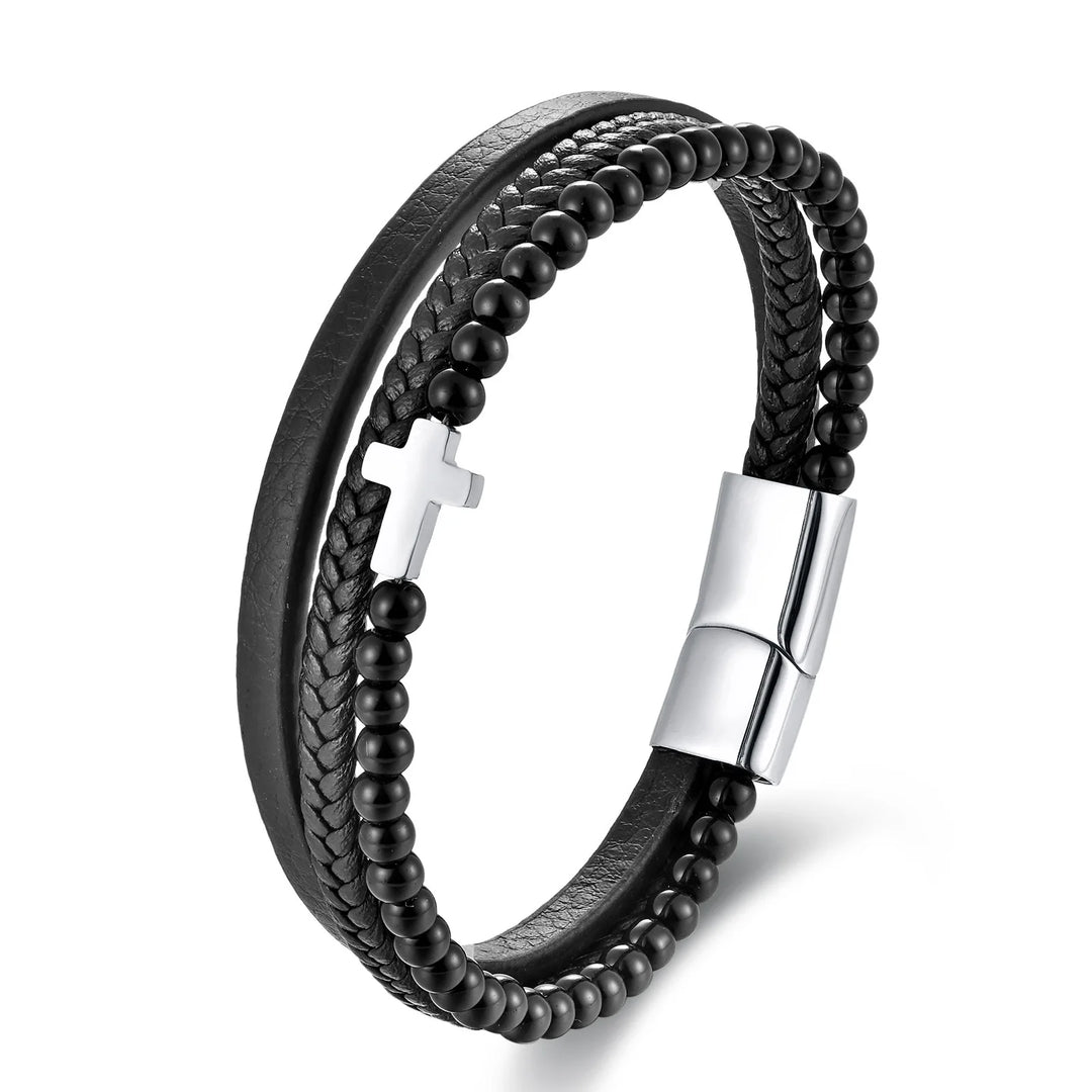 Zwart lederen koord, heren armband met dubbele laag van roestvrij staal en echt gevlochten leer, handgemaakte meerlaagse kruisarmband.