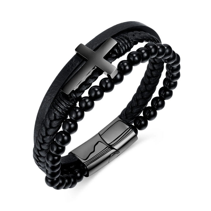 Zwart lederen touw koeienhuid heren armband van natuursteen en roestvrij staal, echt leer, gevlochten, kruis, meerlaags lederen armband