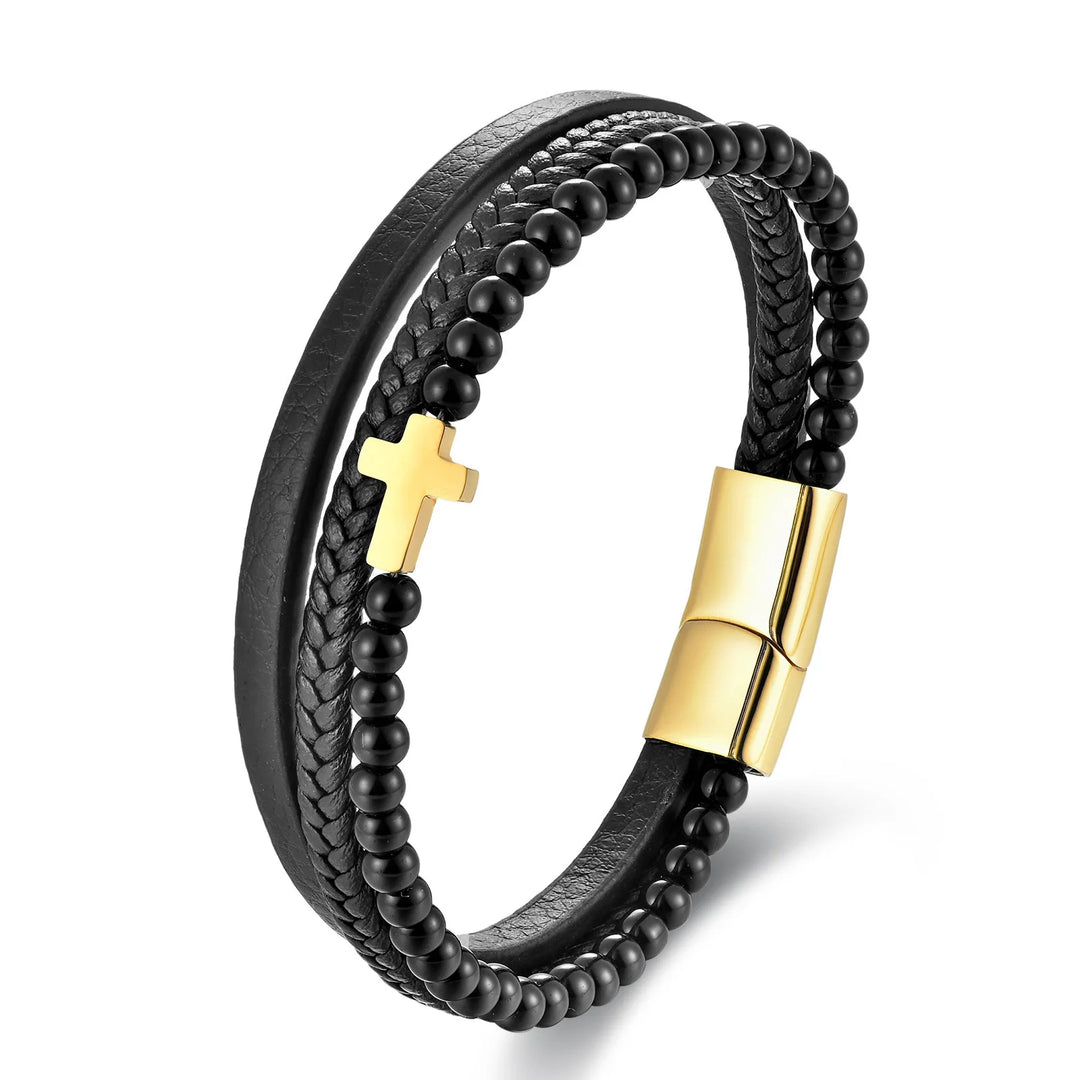 Zwart lederen koord, heren armband met dubbele laag van roestvrij staal en echt gevlochten leer, handgemaakte meerlaagse kruisarmband.