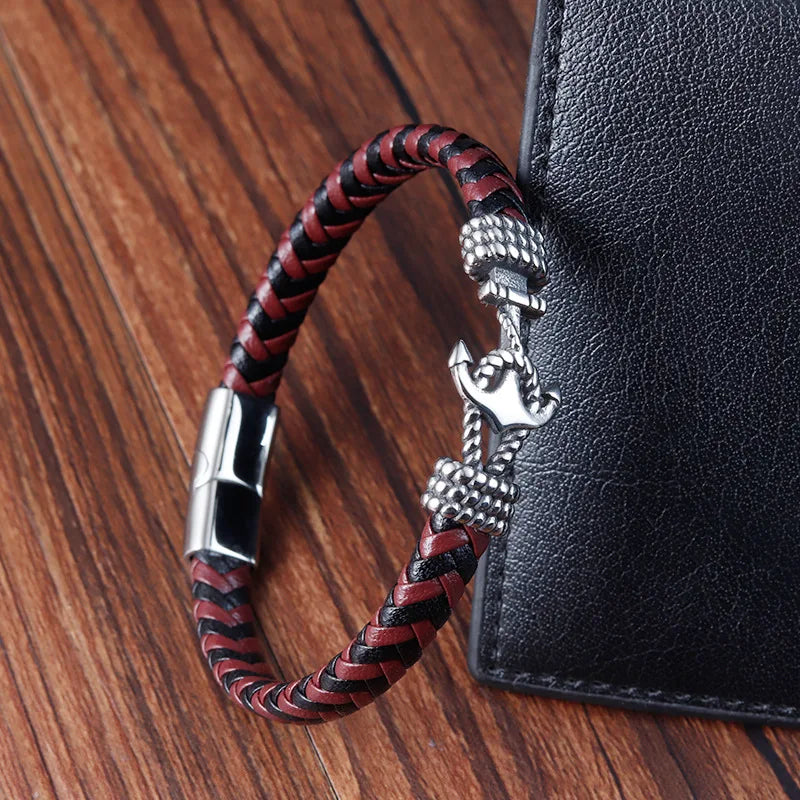 Herenarmband van roestvrij staal met anker, vintage geweven leer, paararmband L20235