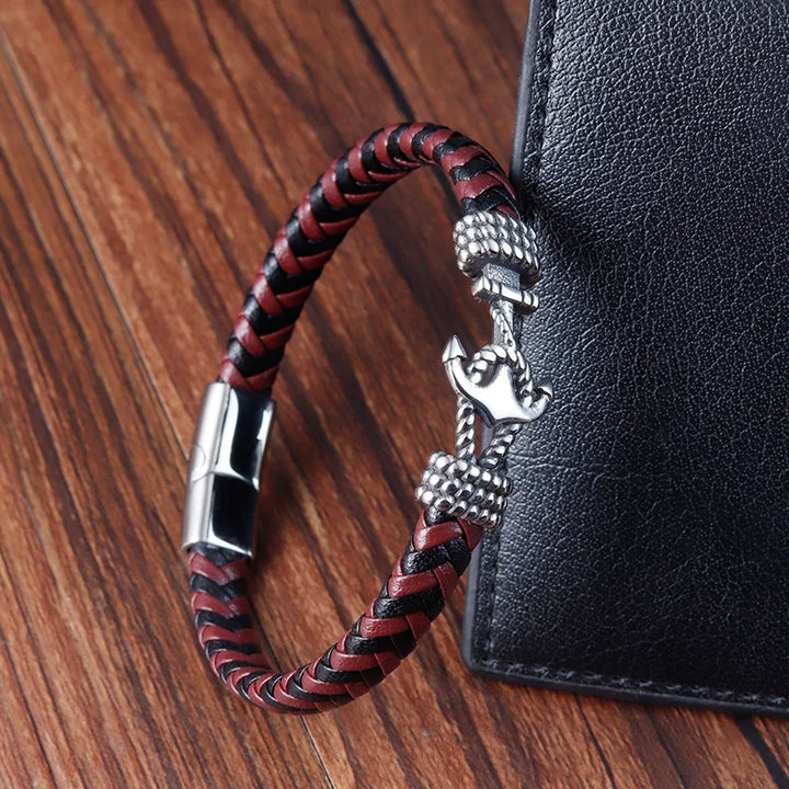 Herenarmband van roestvrij staal met anker, vintage geweven leer, paararmband L20235