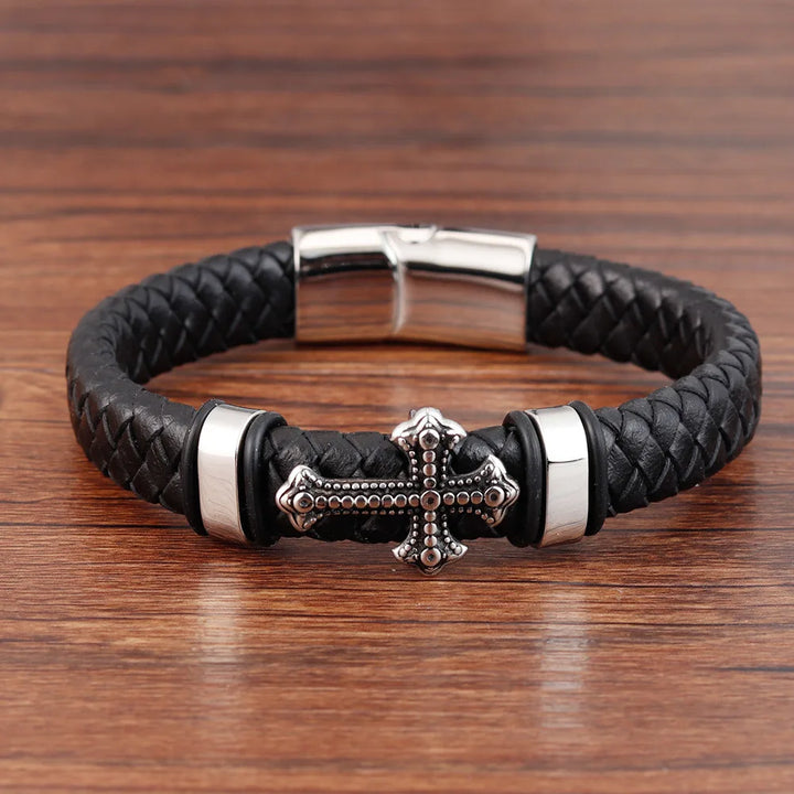Leren handgeweven armband, echte herenarmband met kruis, vintage roestvrijstalen koord L19134