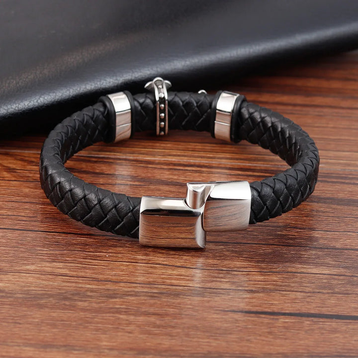 Leren handgeweven armband, echte herenarmband met kruis, vintage roestvrijstalen koord L19134