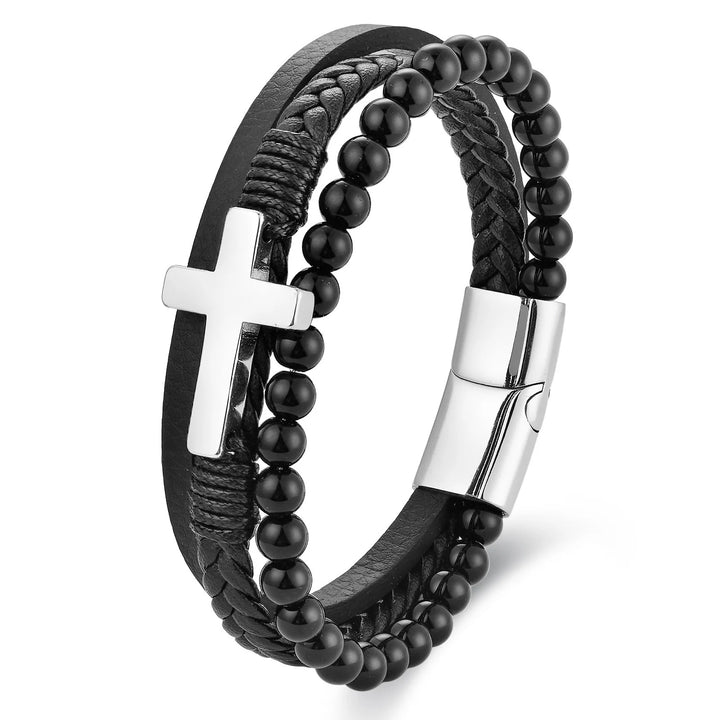 Zwart lederen touw koeienhuid heren armband van natuursteen en roestvrij staal, echt leer, gevlochten, kruis, meerlaags lederen armband