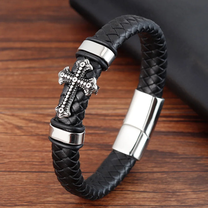 Leren handgeweven armband, echte herenarmband met kruis, vintage roestvrijstalen koord L19134