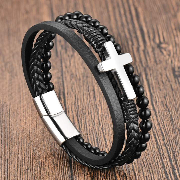 Zwart lederen touw koeienhuid heren armband van natuursteen en roestvrij staal, echt leer, gevlochten, kruis, meerlaags lederen armband