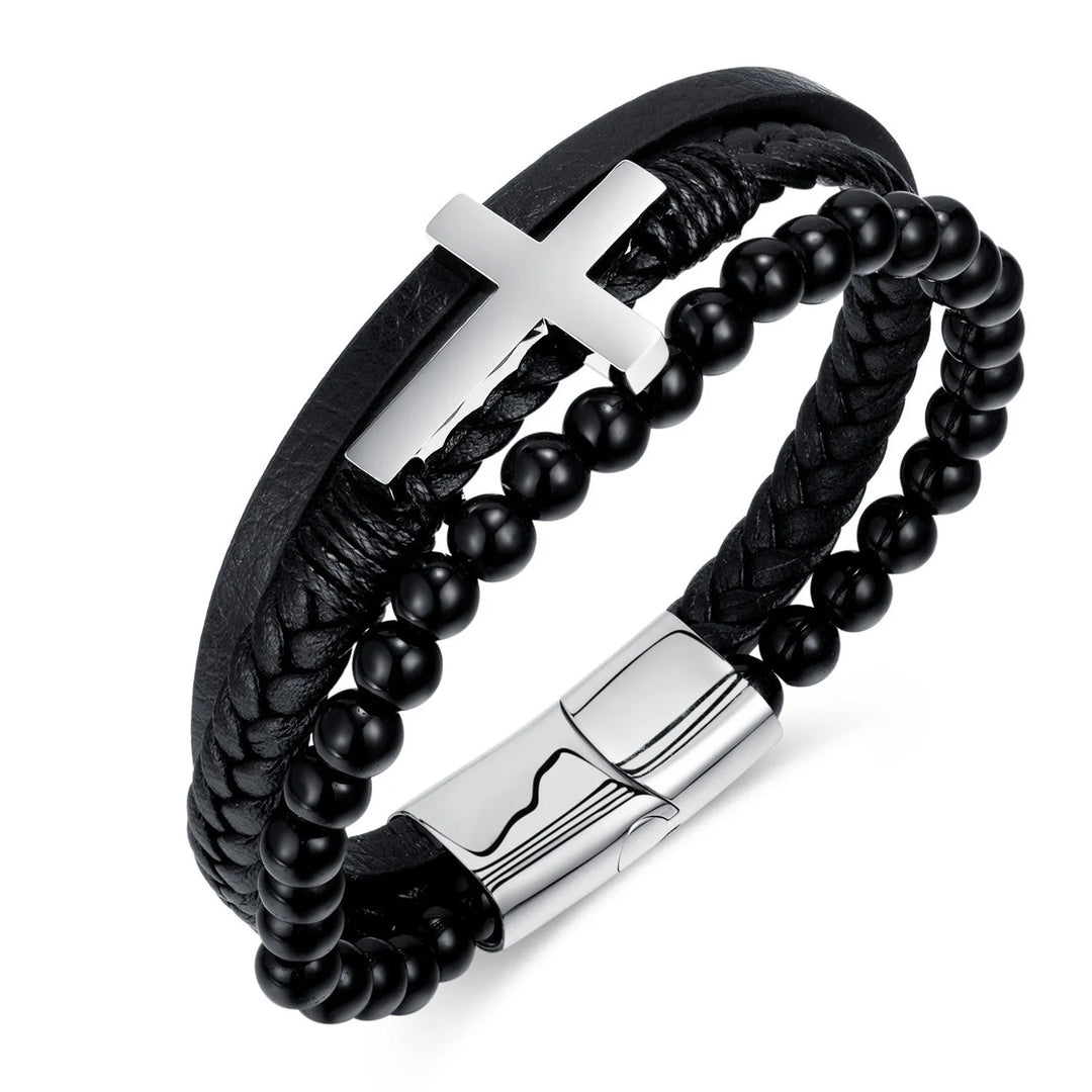 Zwart lederen touw koeienhuid heren armband van natuursteen en roestvrij staal, echt leer, gevlochten, kruis, meerlaags lederen armband