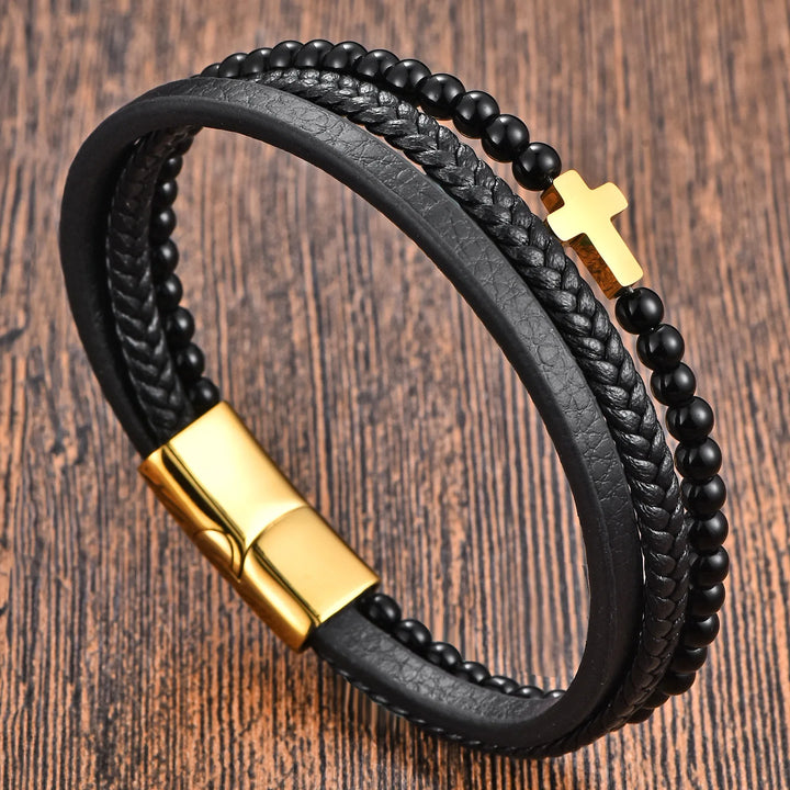 Zwart lederen koord, heren armband met dubbele laag van roestvrij staal en echt gevlochten leer, handgemaakte meerlaagse kruisarmband.