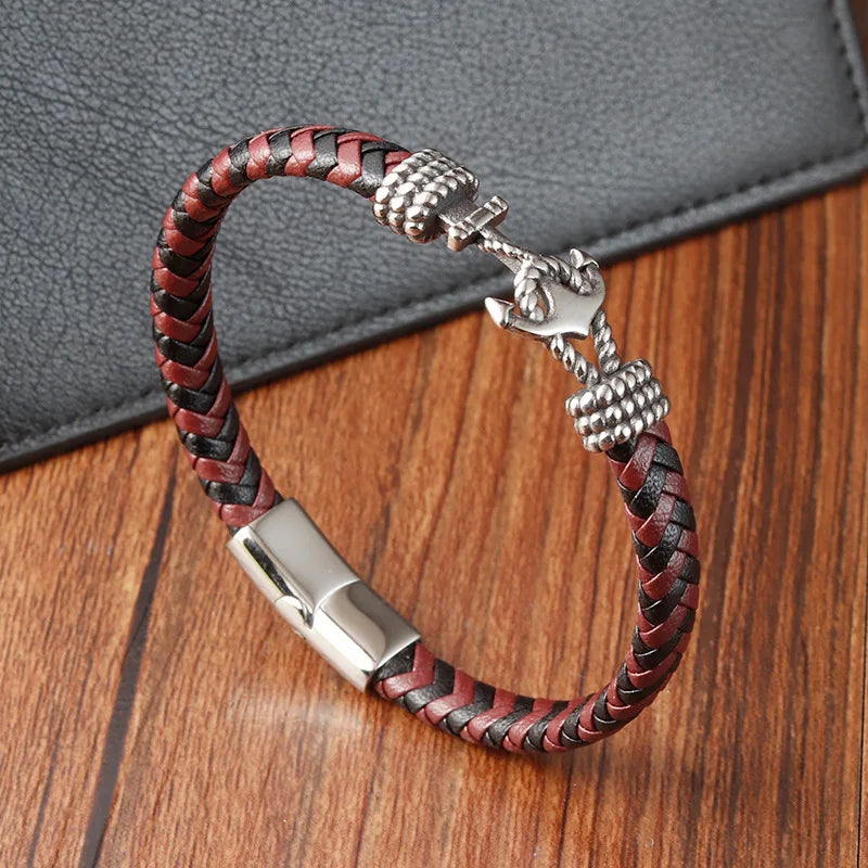 Herenarmband van roestvrij staal met anker, vintage geweven leer, paararmband L20235